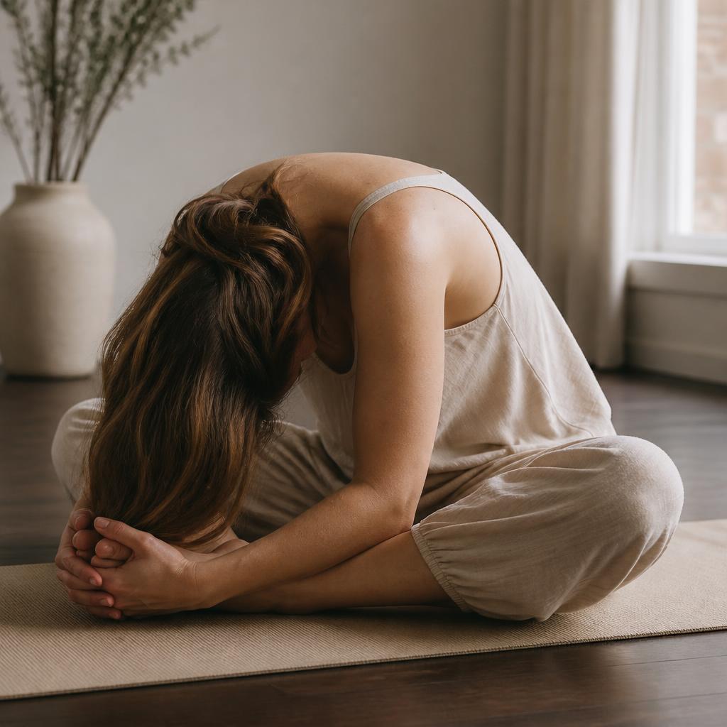 Kvinna i fjärilsposition med rundad rygg, hakan in mot bröstet, på en ljus yogamatta
