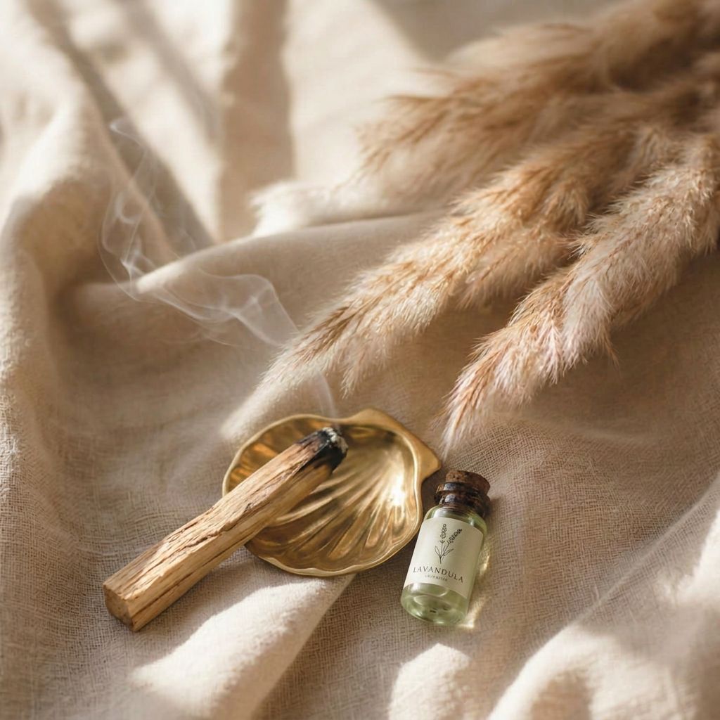 Närbild av naturliga material i studion — pampasgräs, Palo Santo i en snäckformad mässingshållare och en flaska eterisk lavendelolja på linne