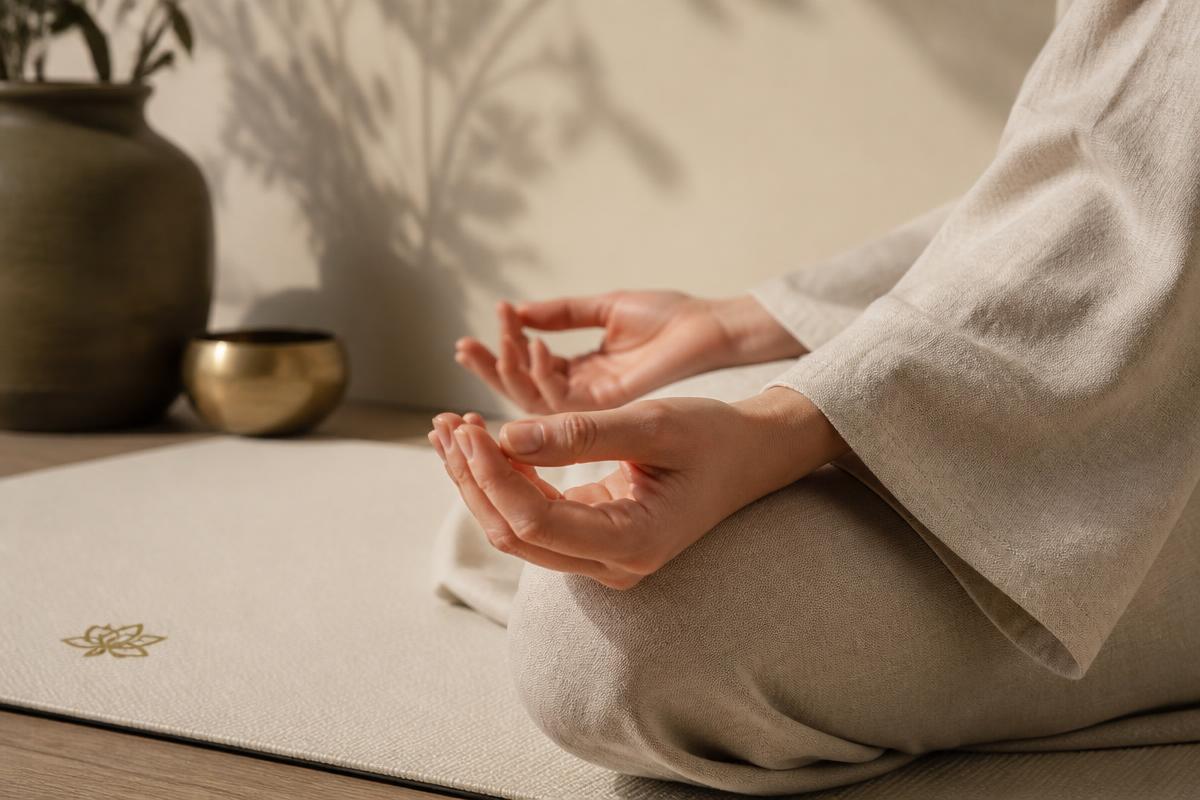Händer i en mjuk meditationsmudra på en linnematta i naturligt ljus