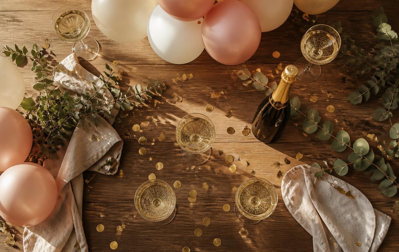 Festlig dukning med champagne, ballonger, guldkonfetti och eukalyptus för Studio Aurums Grand Opening